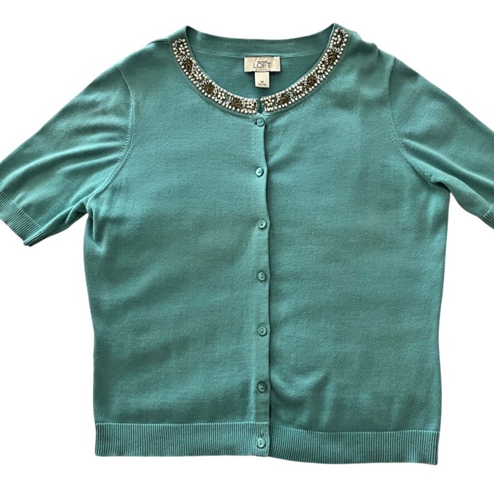 100% Cotton Beaded Cardigan Aqua Short Sleeve Embellished Coquette M